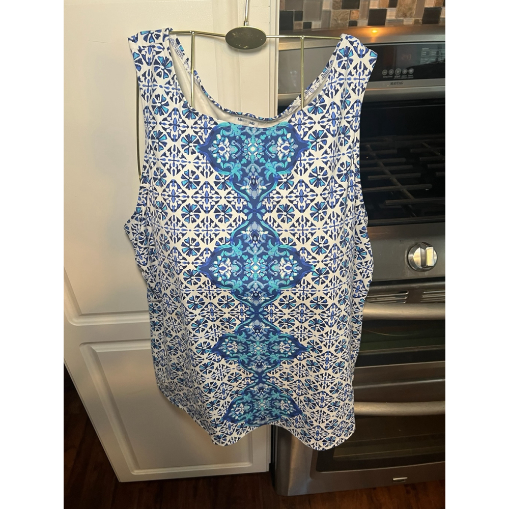 LANDS’ END Tankini Swimsuit Tank Deep Sea Medallion Blue White #504523
